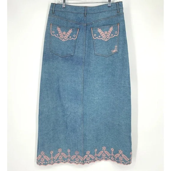 NWT Driftwood Serena Denim Maxi Skirt Sz 32 Blue Pink Eyelet Embroidered Slit‎ - Picture 6 of 14